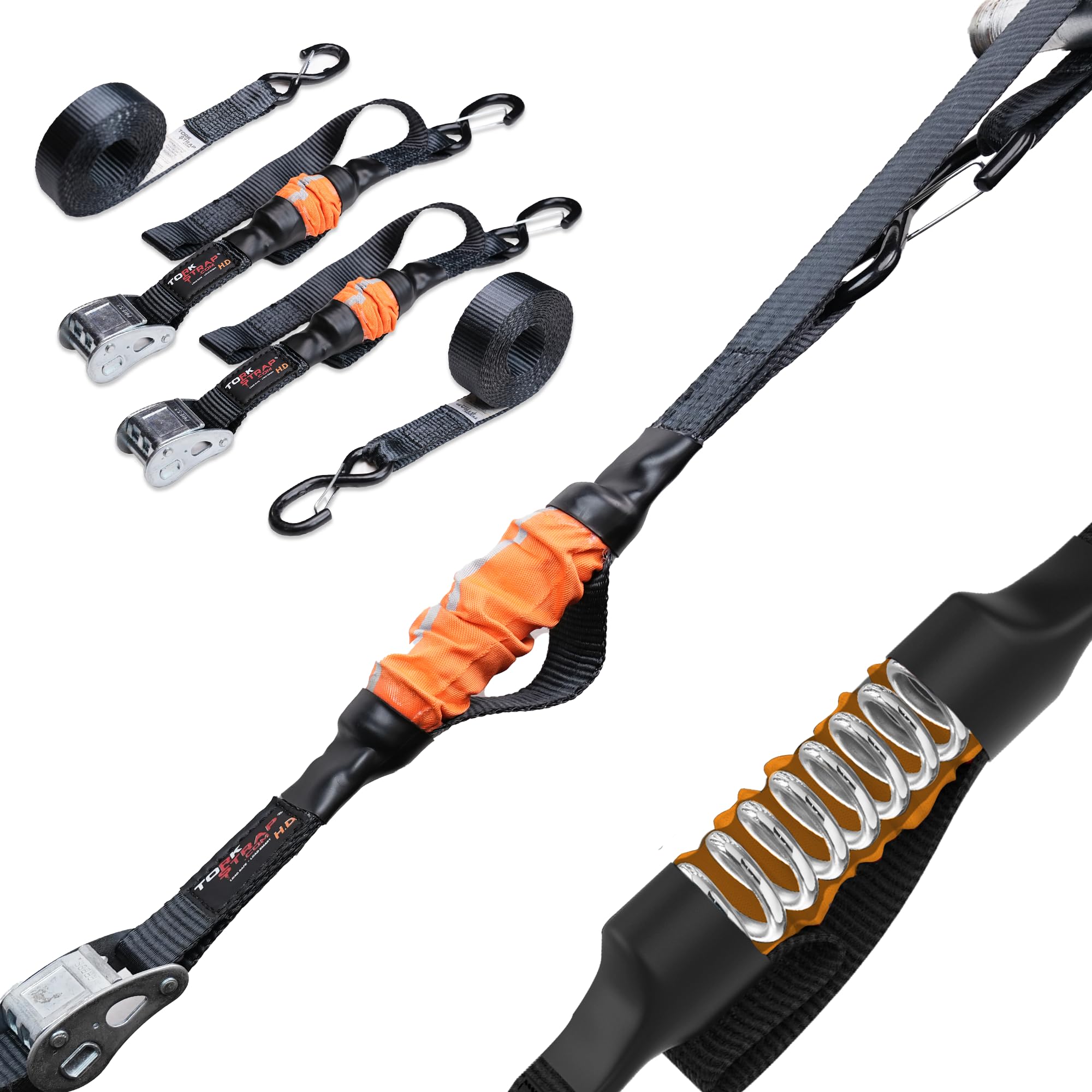 Torkstrap M500 | 14' X 1'' Self Tensioning Tie Down Straps - Automatically Adapt To Load Shifts - 1500Lb Break Strength - Pull Alternative To Ratchet Straps - Integrated Soft Loops & Hooks (4-Pk)